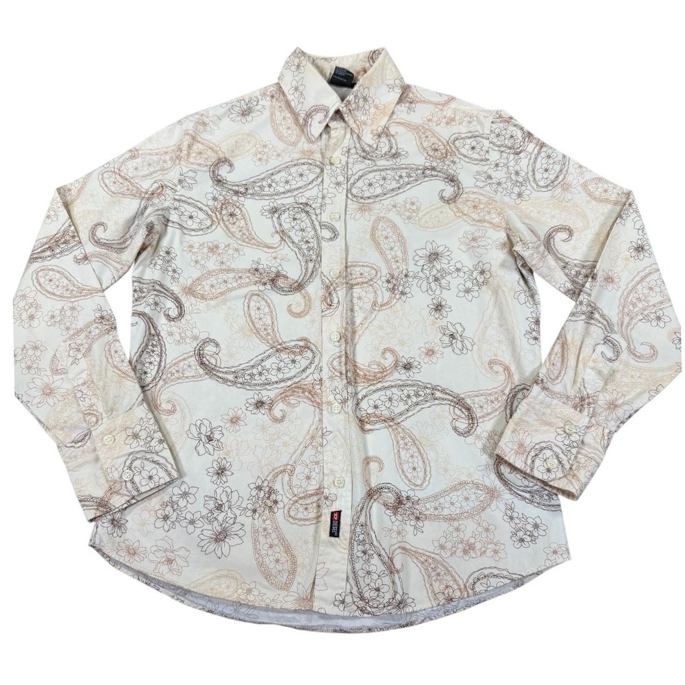Diesel Mens Large Paisley Floral Shirt Long Sleeve Button Up Cream Brown Print